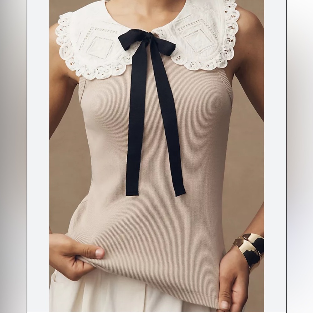 Anthropologie Beige Lace Collar Tank with Black Ribbon